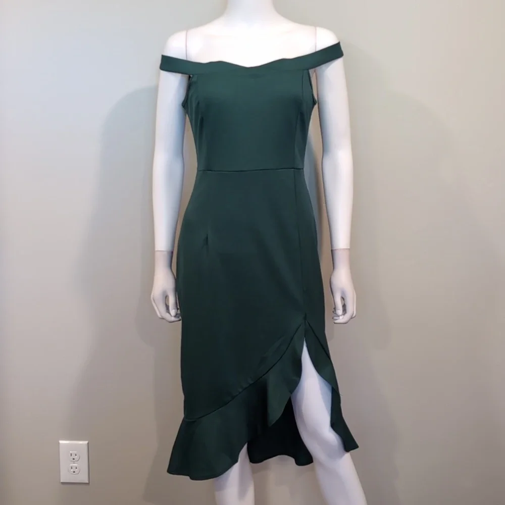 SHEIN Green Sweetheart Off Shoulder Ruffle Hem Midi Dress With Slit Size Medium